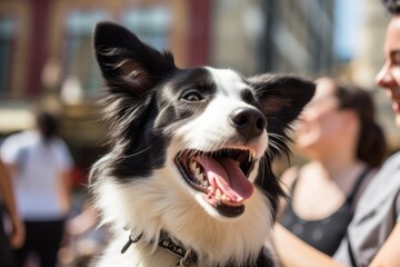 happy border collie dancing with the owner in public plazas and squares background
