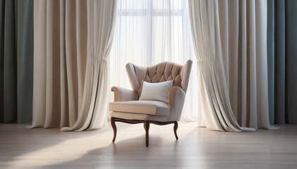 isolated armchair in an interior between curtains