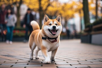 funny akita inu scratching the body while standing against public plazas and squares background - obrazy, fototapety, plakaty