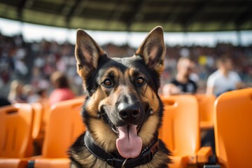 happy german shepherd being at a sports game over outdoor markets background - obrazy, fototapety, plakaty