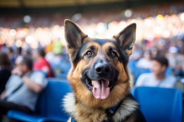 happy german shepherd being at a sports game in front of outdoor markets background - obrazy, fototapety, plakaty