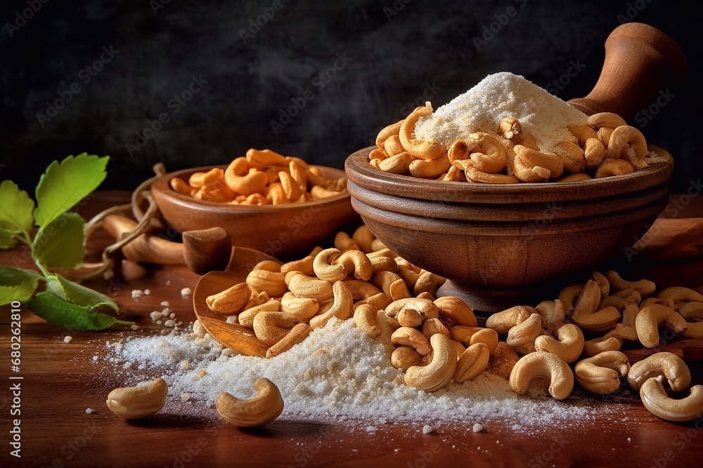 Poster Cashew nuts in a wooden bowl with salt on a wooden table on a dark background. Appetizing cashew with salt. A delicious snack - Posters