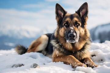Naklejka premium curious german shepherd lying down on snowy winter landscapes background