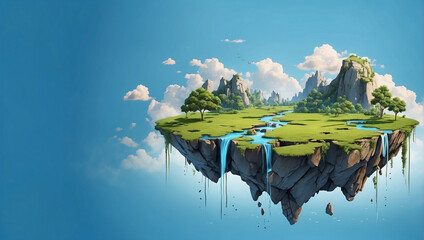 Floating islands, waterfall and field, blue background