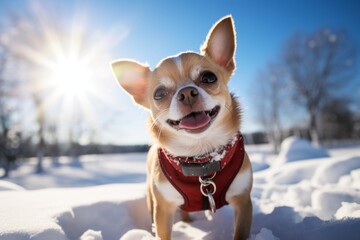 happy chihuahua enjoying a picnic while standing against snowy winter landscapes background