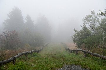 Großer Feldberg im Taunus bei Nebel mit eingezäuntem Weg, der im Nichts endet