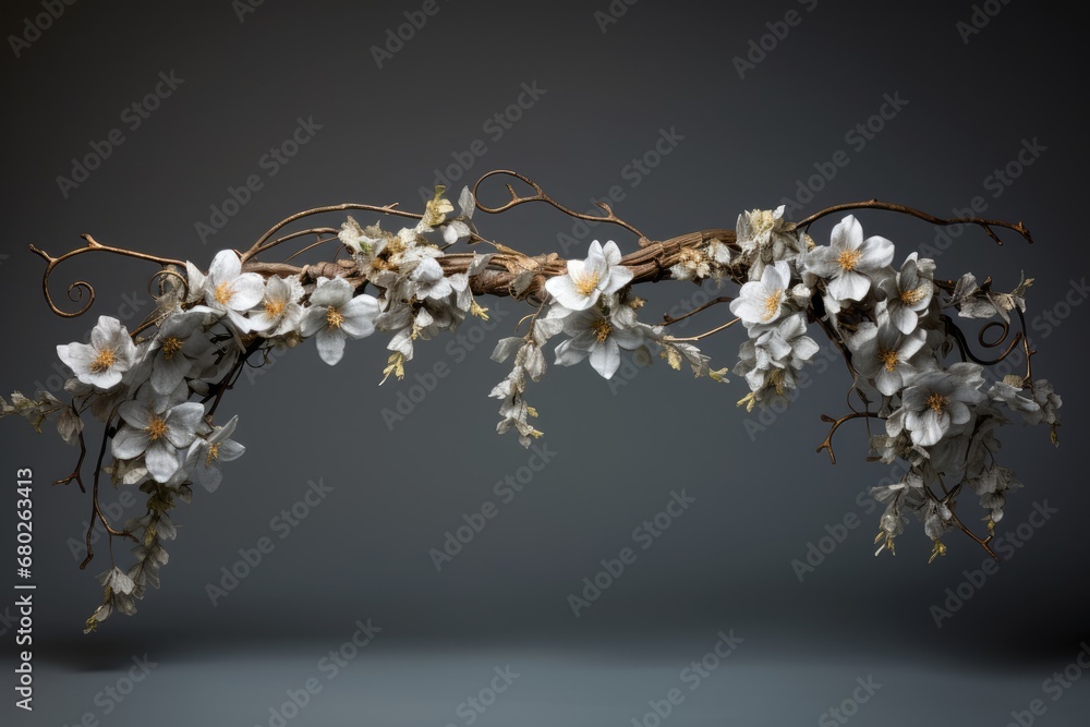 Poster a close up of a branch with white flowers on a gray background with a gray background and a black ba