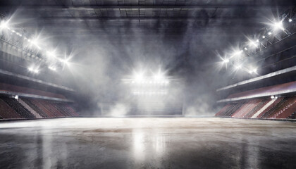 sports arena with concrete floor with smokes and spotlights