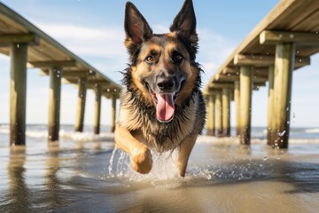 happy german shepherd shaking off water after swimming in front of beach boardwalks background - obrazy, fototapety, plakaty