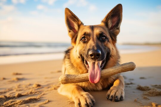 happy german shepherd having a toy in its mouth on beach boardwalks background