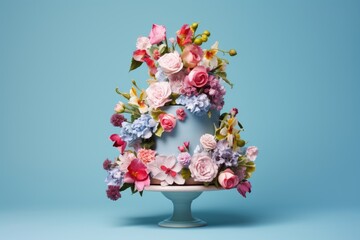  a blue cake with pink and blue flowers on top of it on a blue cake stand on a blue background.