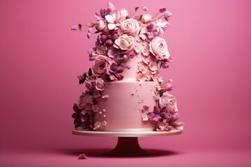  a three - tiered cake with pink flowers on top of a cake stand on a pink background with confetti sprinkles.