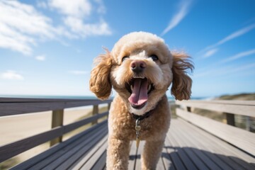 cute poodle barking in front of beach boardwalks background - obrazy, fototapety, plakaty