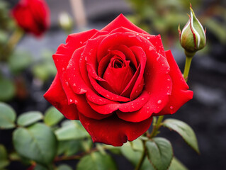 A close-up view of a stunning red rose, highlighting its intricate and delicate petals.