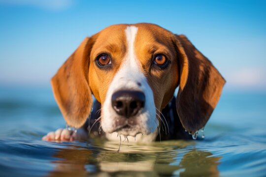 curious beagle swimming isolated in beach boardwalks background