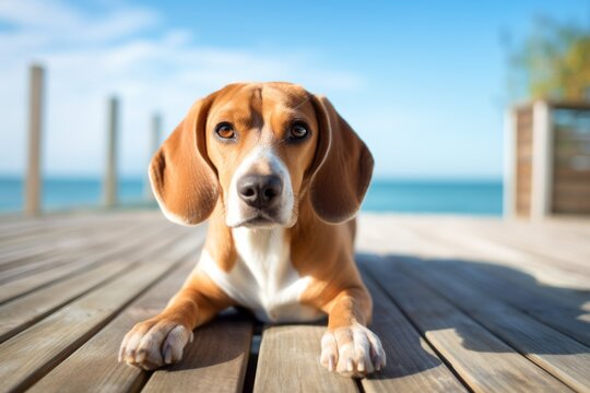 curious beagle swimming isolated on beach boardwalks background