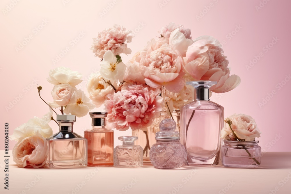Poster a table topped with bottles filled with different types of flowers and vases filled with pink and wh