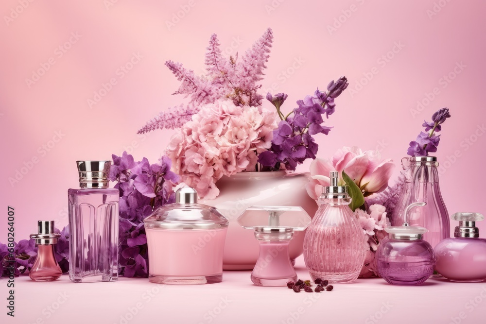Aufkleber a pink table topped with lots of bottles filled with different types of flowers and bottles of diffe