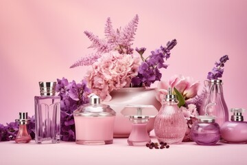  a pink table topped with lots of bottles filled with different types of flowers and bottles of different types of perfumes.