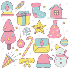 Set of Christmas decorations in pink tones. Vector illustration