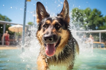 cute german shepherd shaking off water after swimming in amusement parks background