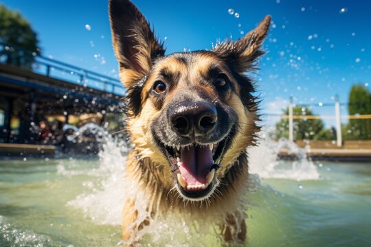 cute german shepherd shaking off water after swimming isolated in amusement parks background