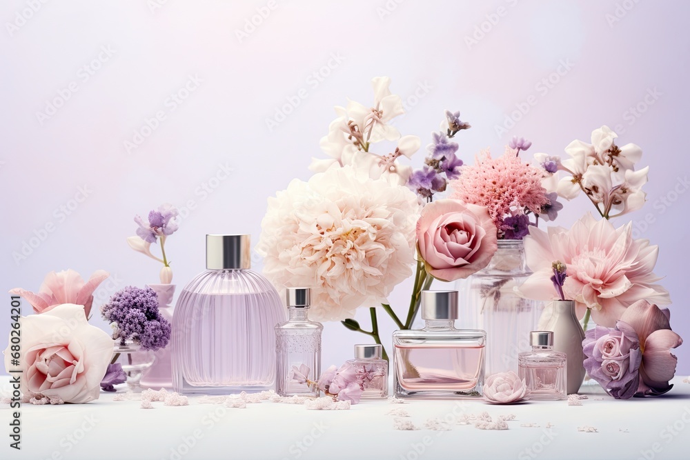 Poster a table topped with lots of different types of flowers next to bottles filled with different types o
