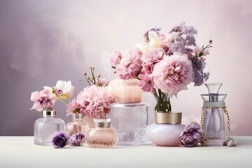  a table topped with vases filled with flowers next to a vase filled with pink carnations and other flowers.