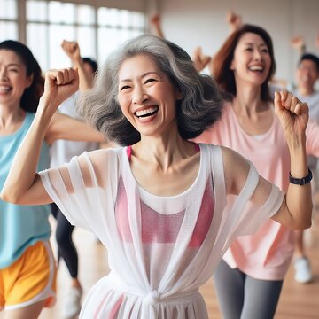 Middle-aged group of women enjoying a joyful dance class, candidly expressing their active lifestyle through Zumba with friends created with generative ai