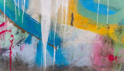 messy paint strokes and smudges on an old painted wall background abstract wall surface with part of graffiti colorful drips flows streaks of paint and paint sprays