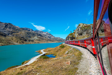 Red train of Bernina in the Swiss alps