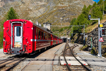 Red train of Bernina in the Swiss alps