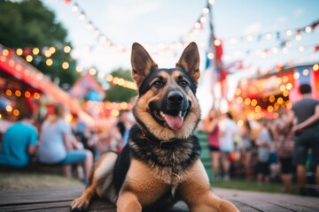 smiling german shepherd sitting in front of festivals and carnivals background - obrazy, fototapety, plakaty