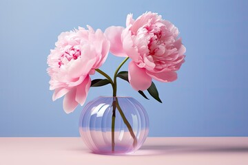  two pink peonies in a glass vase on a light pink surface with a blue sky in the background.