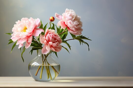  a vase filled with pink flowers sitting on top of a wooden table in front of a blue and white wall.