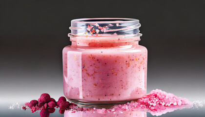 closeup pink texture rich creamy smoothing shower and bath cream scrub with organic particles and oils for gentle exfoliation and nourishment in glass jar isolated on transparent background - Powered by Adobe