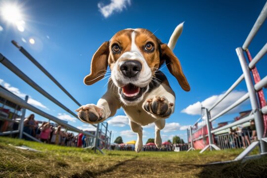 curious beagle jumping over an obstacle over festivals and carnivals background