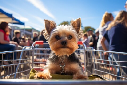 curious yorkshire terrier sitting in a shopping cart isolated in festivals and carnivals background