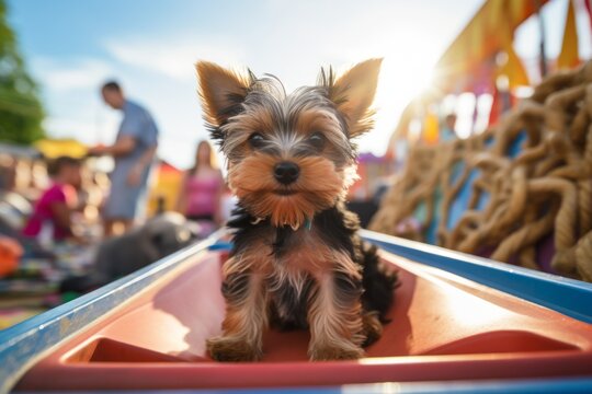 curious yorkshire terrier sitting in a shopping cart over festivals and carnivals background
