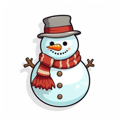 Cute Cartoon Christmas Snowman Illustration Sticker Isolated on a White Background