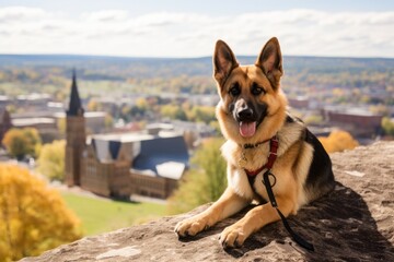 cute german shepherd being on a mountain peak in front of college and university campuses background - obrazy, fototapety, plakaty