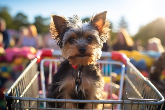 curious yorkshire terrier sitting in a shopping cart over festivals and carnivals background