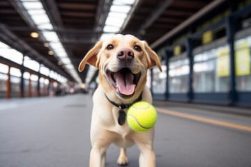 smiling labrador retriever playing with a tennis ball over train stations background