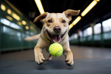 smiling labrador retriever playing with a tennis ball on train stations background