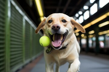 smiling labrador retriever playing with a tennis ball isolated in train stations background