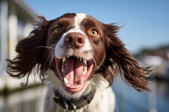 smiling english springer spaniel yawning in front of marinas and harbors background