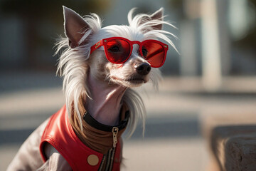 Funny Chinese Crested in red sunglasses.