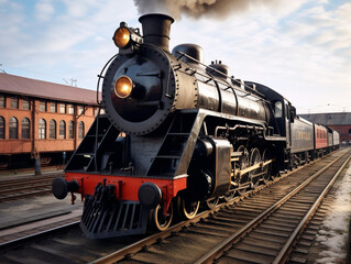 Naklejka premium A classic locomotive parked on a railway turntable, showcasing historical charm and efficient maneuverability.