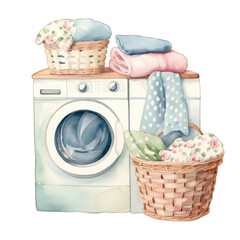 Isolated washing machine and laundry, pastel colors, watercolor. Transparent background - obrazy, fototapety, plakaty