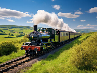 Fototapeta na wymiar A nostalgic scene of a steam locomotive gracefully traversing the countryside in motion blur.